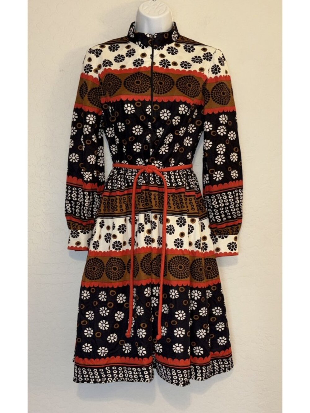 Fred Rothschild 1960’s Vintage red & brown striped Mod hippie boho Midi Dress XS